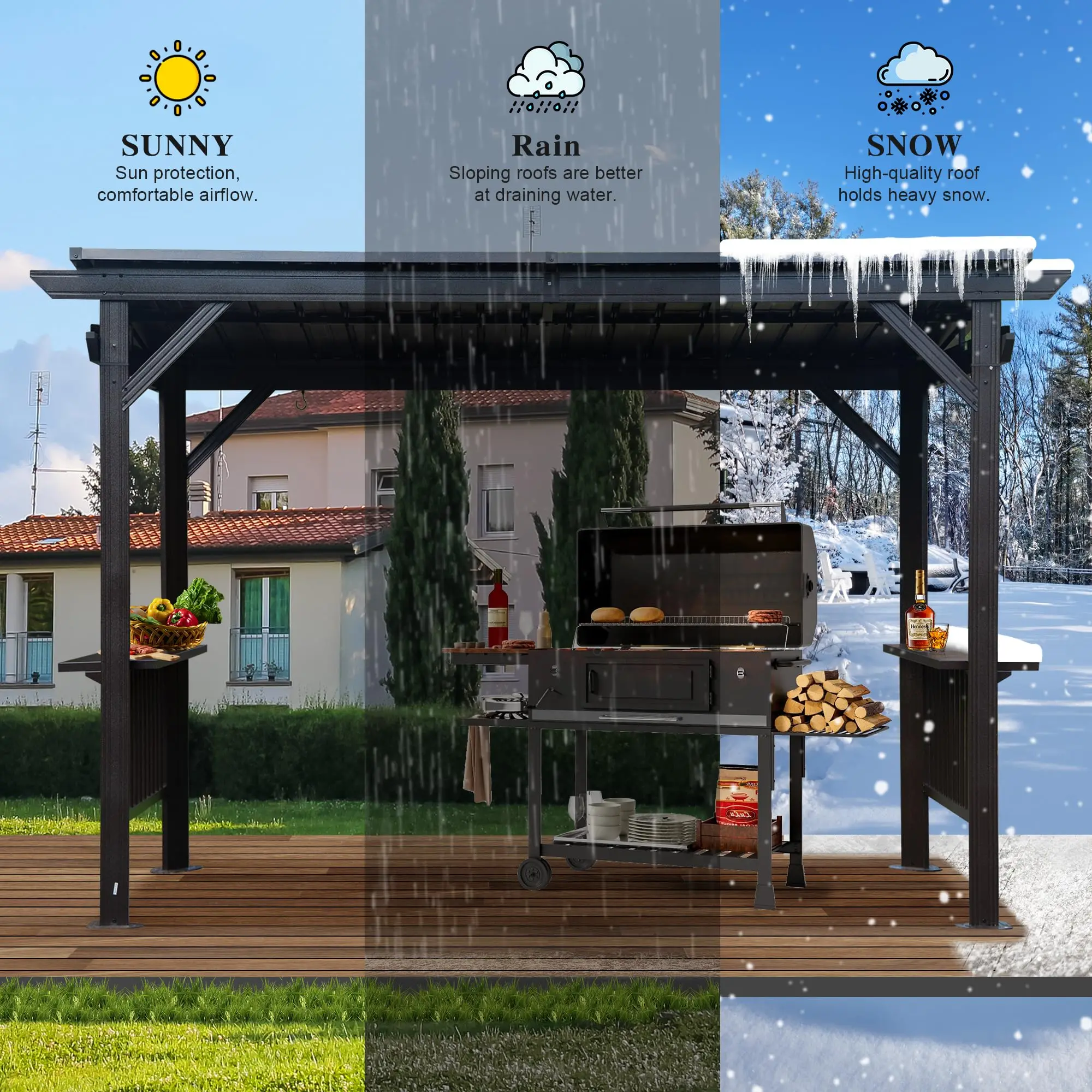 2 Side Shelves and Sloping Galvanized Steel Roof  Metal  Grill Canopy with Ceiling Hooks  Outdoor BBQ Hardtop Grill Gazebo