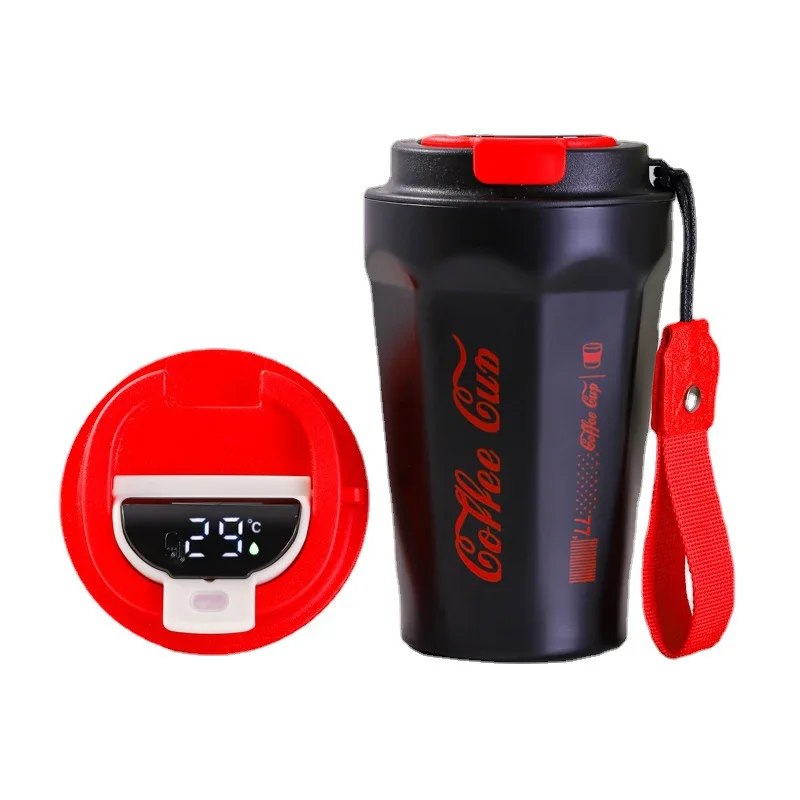 2024 cola thermal travel mug stainless steel coffee Snap-On Type Flip Sealed Caliber with strap and LED temperature display lid