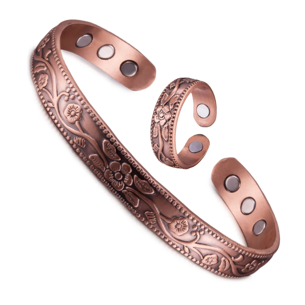 Popular Retro Flower Ring Bracelet Set Adjustable Size Effective and Natural Relief for Joint Pain Women Fashion Copper Bangles