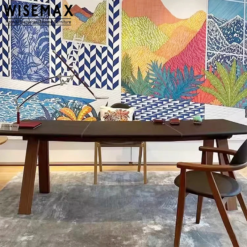 WISEMAX Italian minimalist home office furniture luxurious wooden and leather irregular curved office boss desk working table