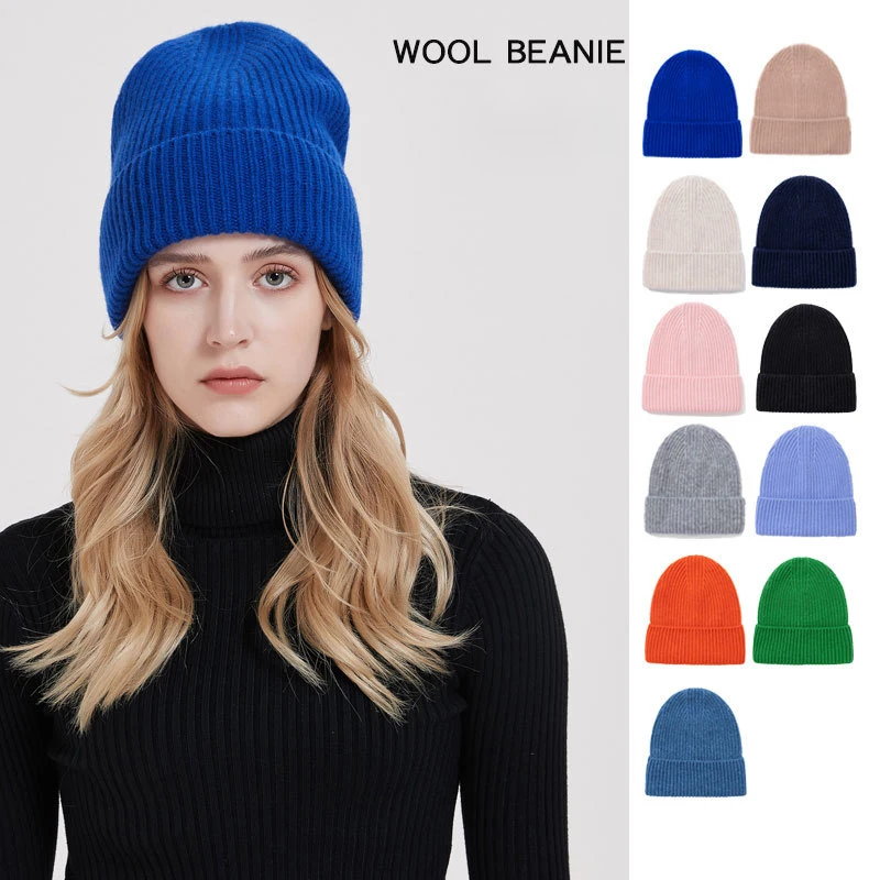 Custom Luxury Warm Wool Knitted Beanie Blanks Winter Cashmere Bennie Caps Women 100% Pure Wool Beanie Hats With Custom Logo