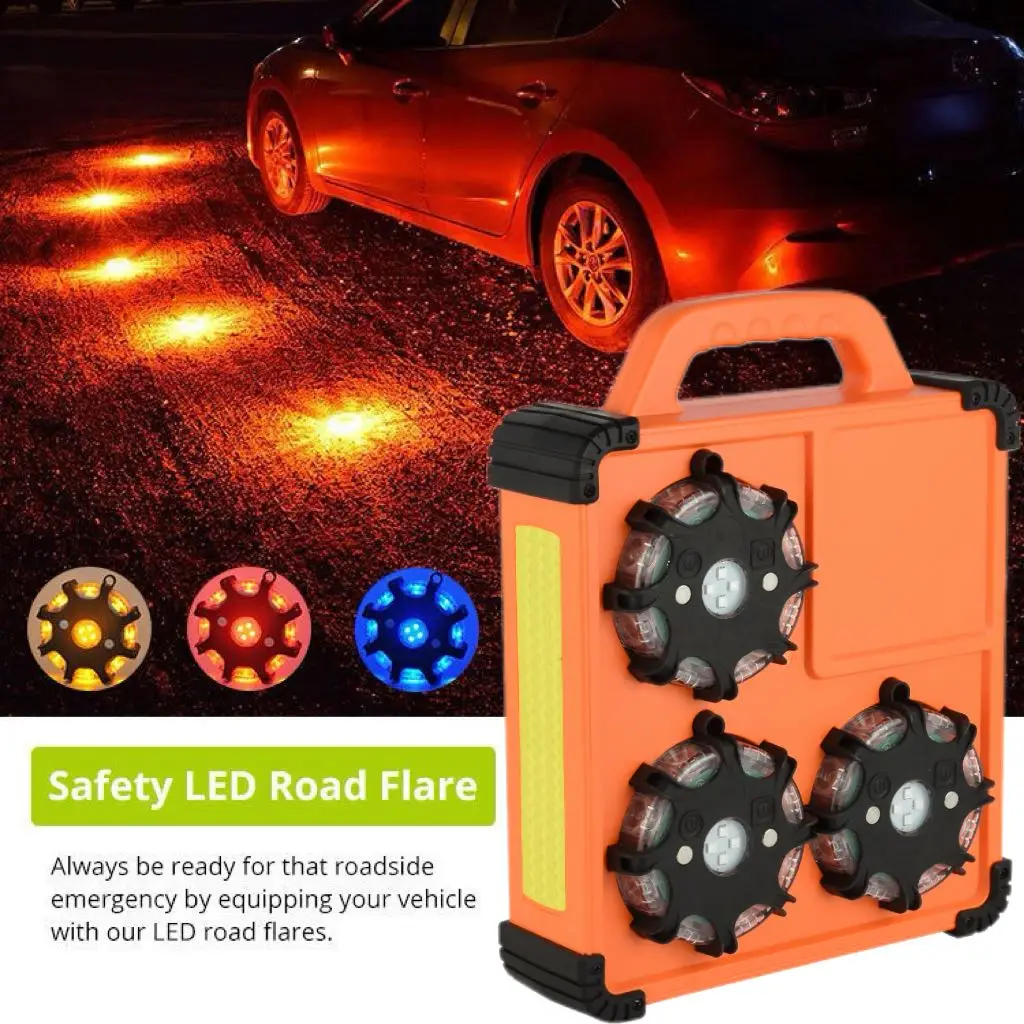 6 Pack LED Red Disc Warning Beacon Emergency Road Flare Portable Outdoor Carrying Case High Visibility LED Warning Light