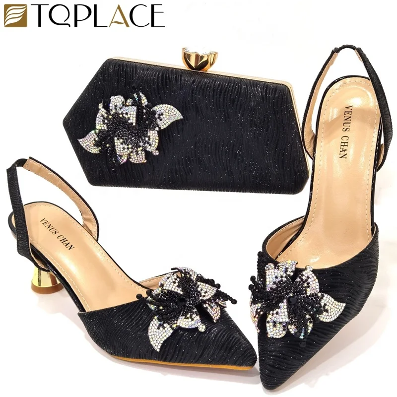 Elegant Elastic Band Shoes and Bag Set with stones African Set Italian  Heel  Ladies Shoes And Matching Purse For Evening Party