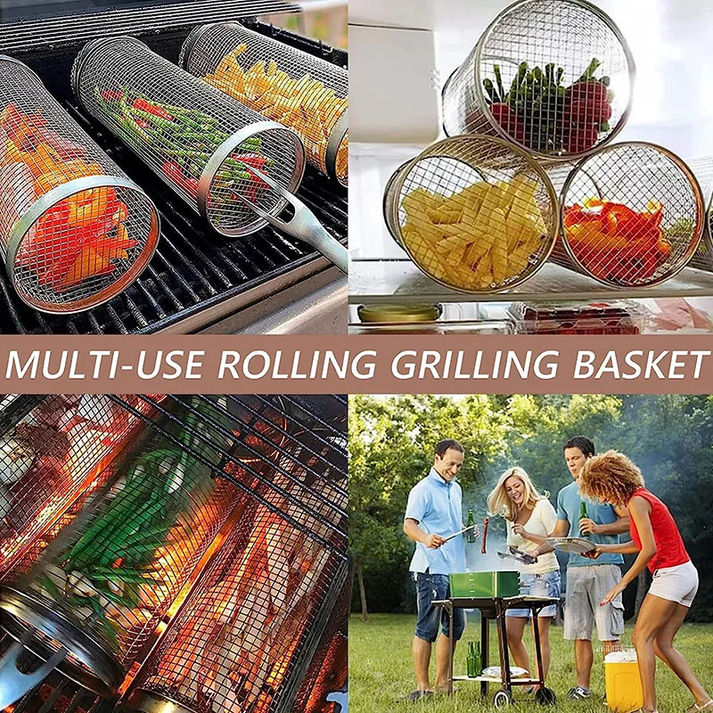 2023 New Stainless Steel 304 BBQ Rolling Grill Basket Wire Mesh Net Tube 12 inch Greatest Grilling Basket Ever