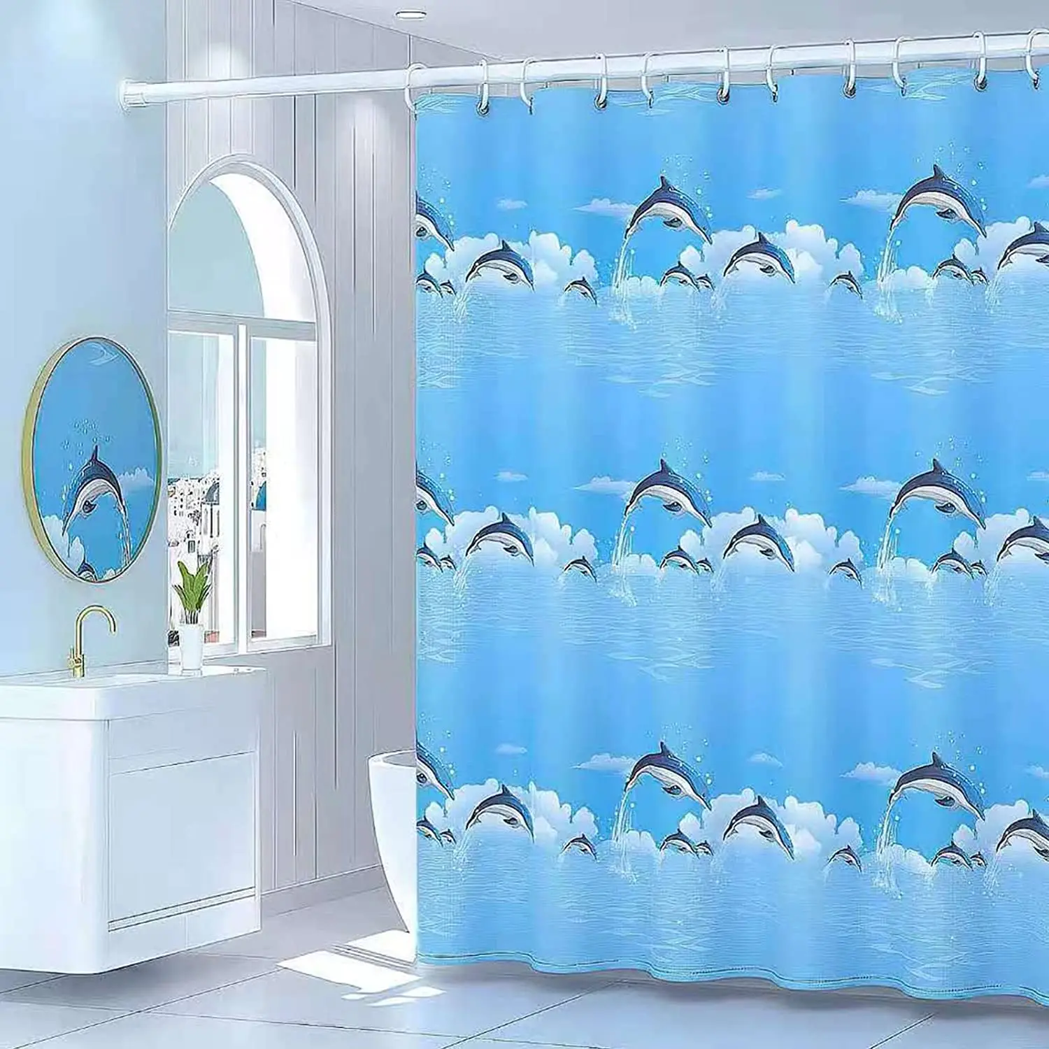 Hot Sale Waterproof Peva Designer Shower Curtain Dolphin Printed Mildew Resistant Bathroom Curtains Shower