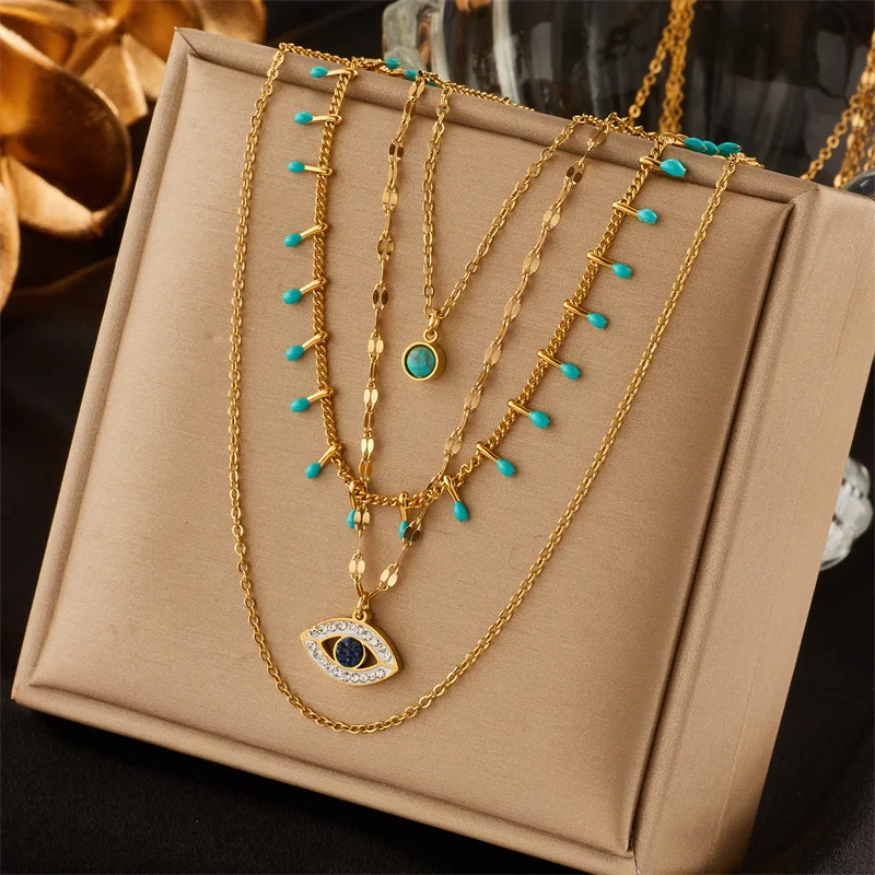 Fashion Jewelry 18K Gold Plated Turquoise Necklaces Multi Layered Stainless Steel Zircon Devil Eye Necklace For Women