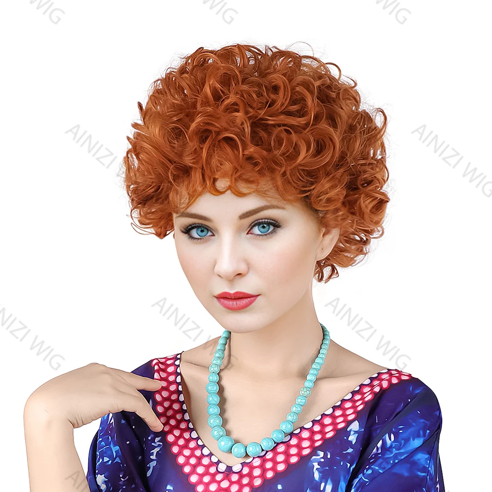 Ainizi red brown curly Mrs Roper cosplay wig for old ladies