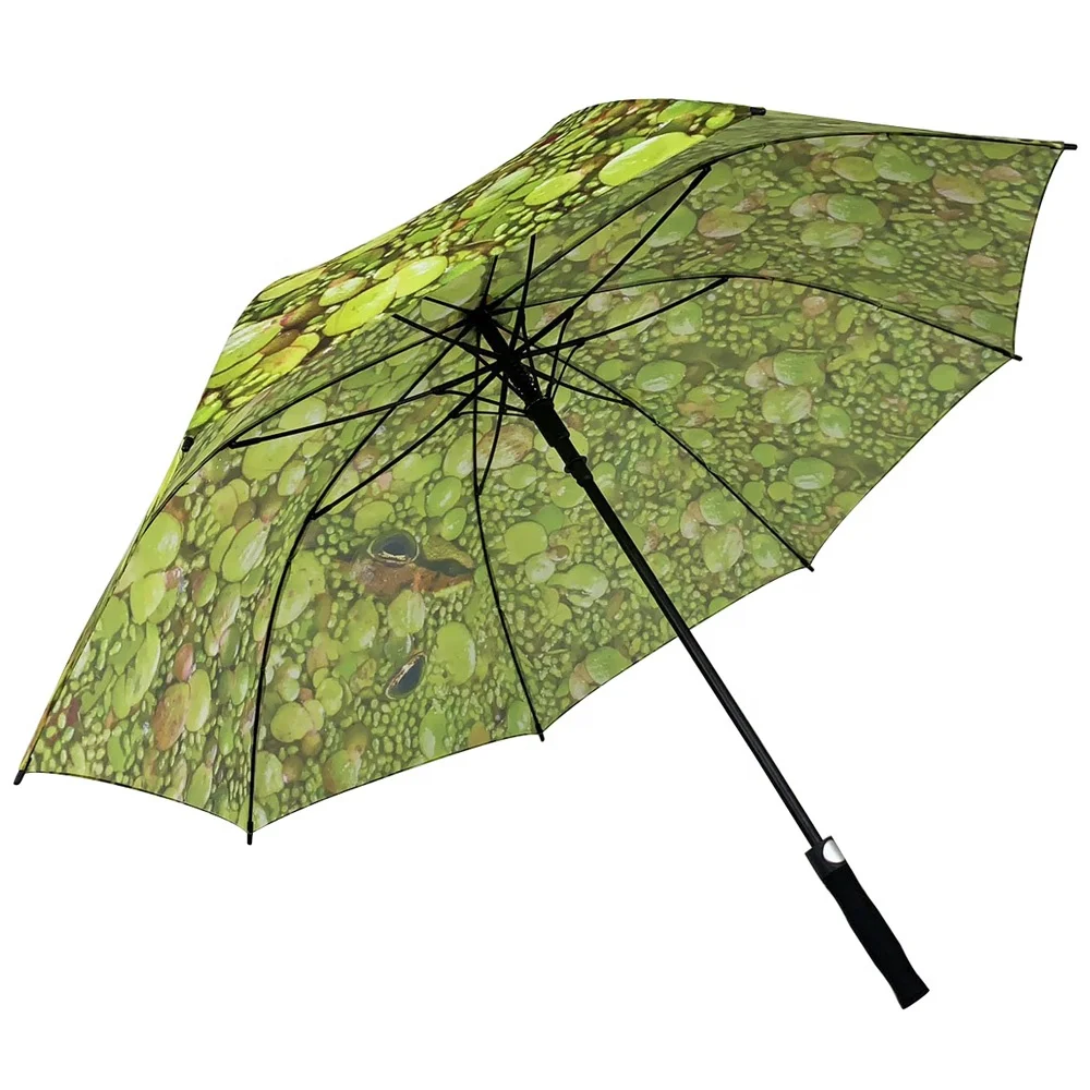 Find the frog Xiamen low MOQ 27 inch straight automatic open seamless custom digital printed umbrella golf