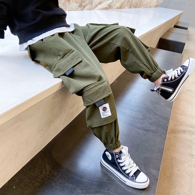 2022 Fall Winter Fashion Teenager Boy Army Green Cargo Trousers Stylish Black Pocket Pants 5-15 Years