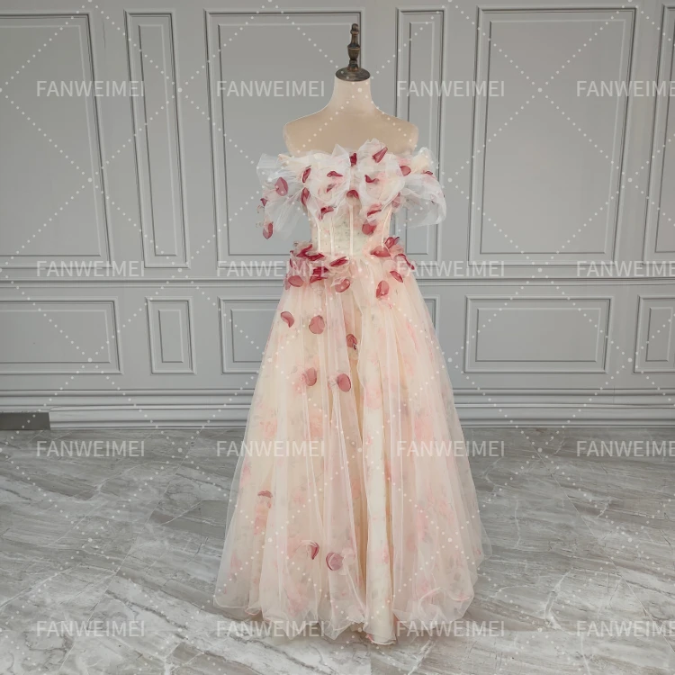 Wholesale FWM White A-line Elegant Floral Tulle Evening Party Dress Floor-length Sweet Pink Formal Party Gowns Vestido De Festa