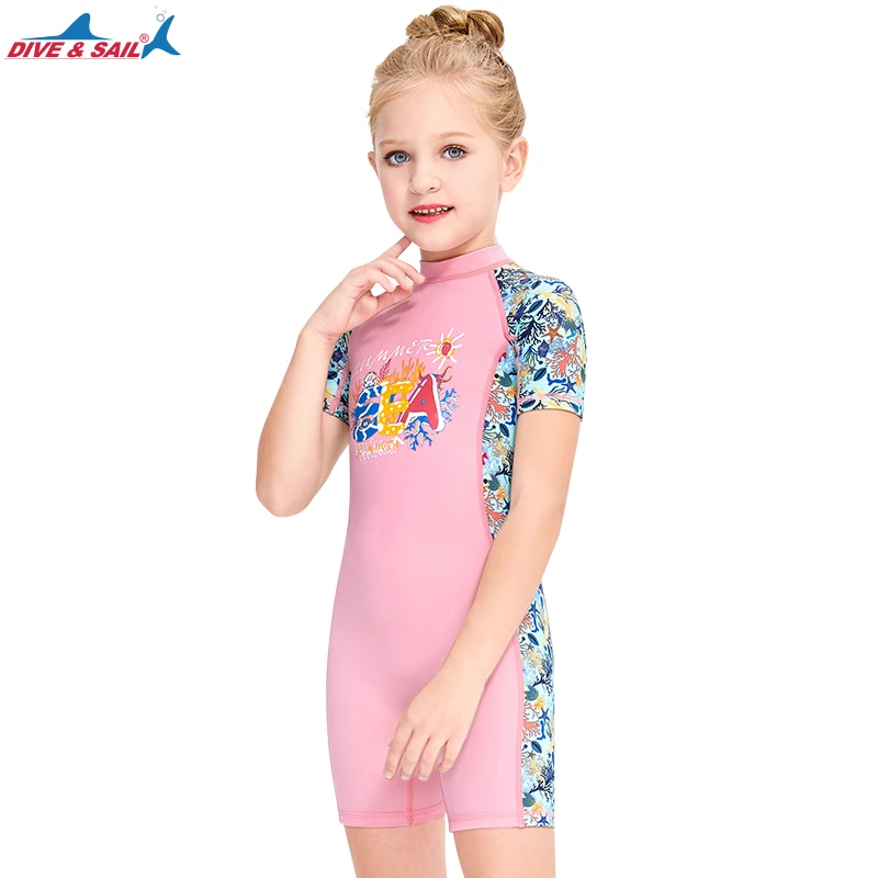 Оптовая продажа 2022 детская одежда для плавания с принтом дайвинга и паруса Цельный купальник защитой от ультрафиолета короткими рукавами девочек