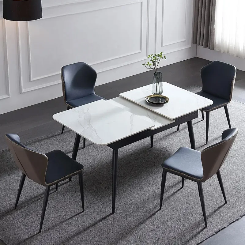 Metal Feet Glass Top Extendable Dining Table Imported Ceramic Cheap Strong Modern Home Furniture Dinning Room Dinner Table 10pcs