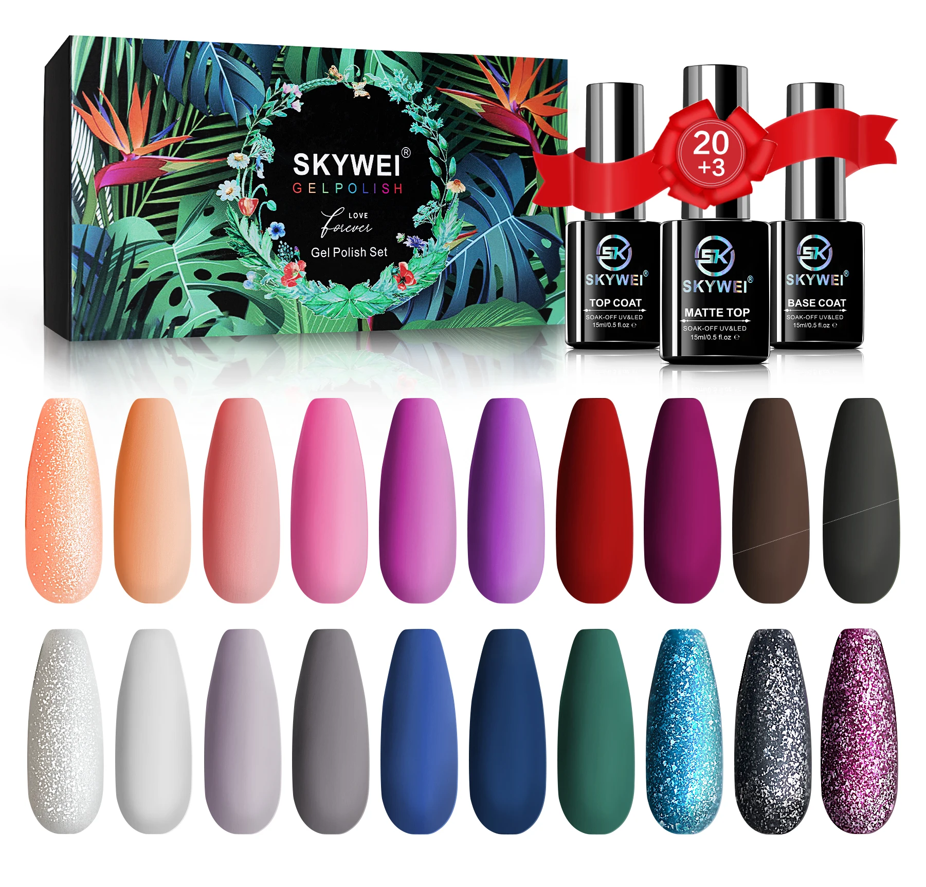 Skywei 23 pcs  gel polish and base top coat nail gel polish kit UV gel
