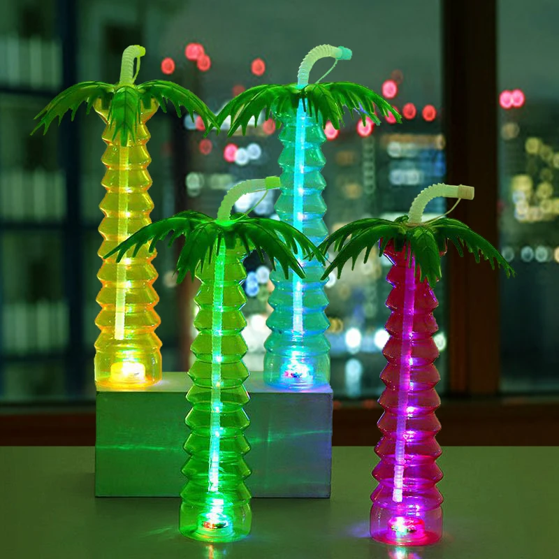Hot sale plastic cocktail glasses 500ml coconut tree shape twist yard glass cup slush ice yard cups festival plastic with straw