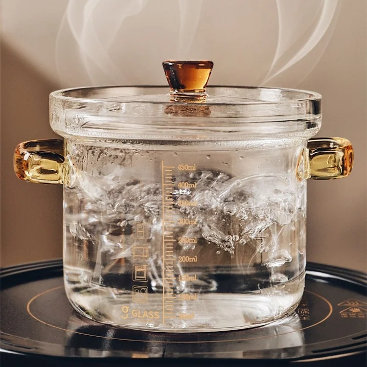 Стеклянная суповая кастрюля ручной работы OEM, кастрюля для приготовления пищи с ручками, термостойкая кухонная посуда, стеклянная посуда для приготовления пищи