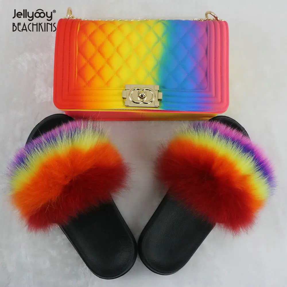 Jellyooy BEACHKINS Matte Rainbow Jelly Bag With Fox Fur Slides Sets Purse Bag Match Colorful Fluffy Fur Slippers Sandals