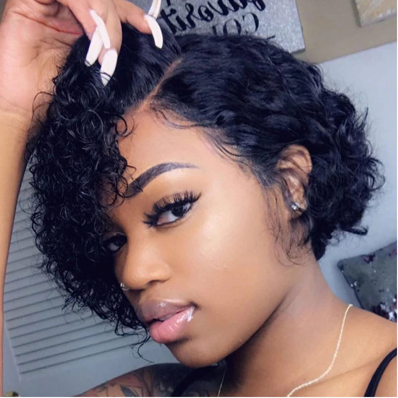 Peruvian cuticle aligned hair T side part 13x4x1 T side part full hd lace front human hair machine made short bob wigs