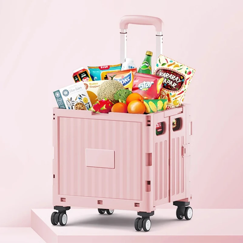 Factory Grocery Folding Shopping Cart Bags Shopping Cart Storage Organizer Stair Climbing Trolley Foldable Trolley Plastic Pink
