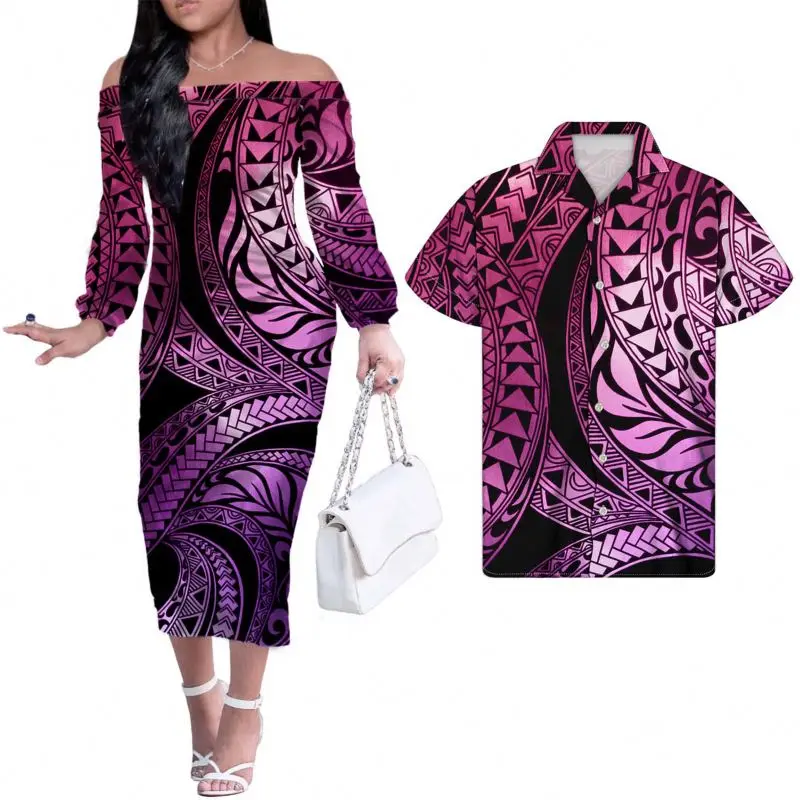 New Couples Clothing Set Samoa Tribal Style With Hibiscus Women Long Sleeve Dress Bodycon mens Island shirt