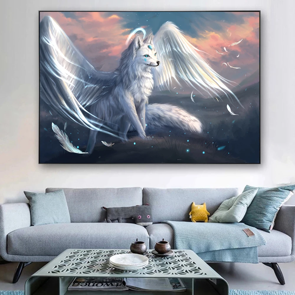 Abstract Animals White Snow Wolf with Wings Canvas Paintings Wall Art Posters and Prints Pictures for Living Room Decor No Frame