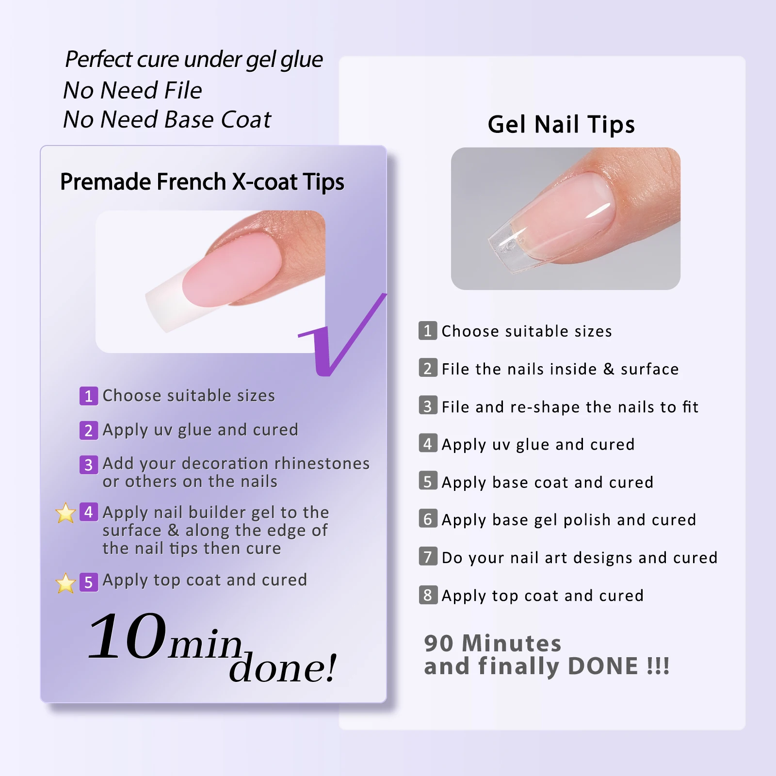 BTArtbox French Gel X Coat Tips Long Square Fake Nails With Glue Pink French Press On Nails UV Gel Artificial Nail Kit