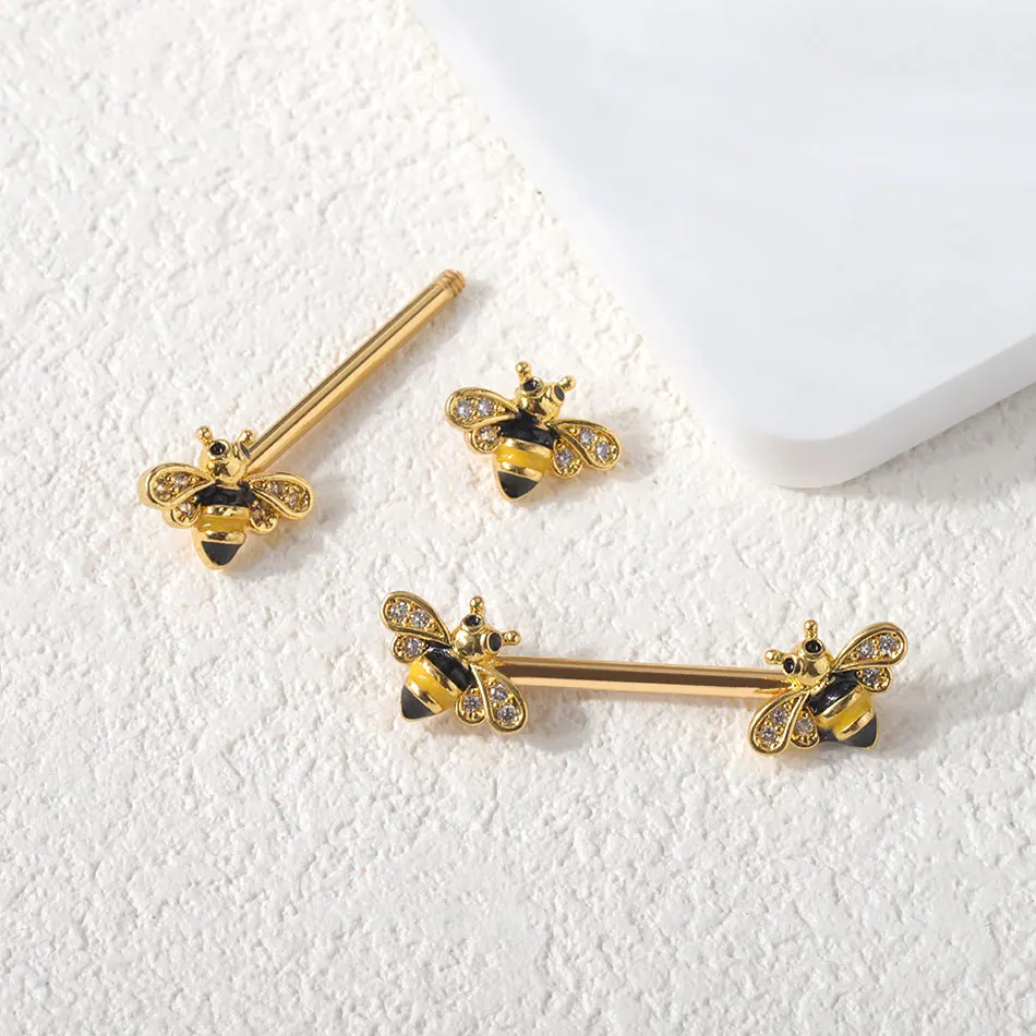 Stainless Steel Nipple Tongue Rings Bee Barbell Yellow Nipple Piercing Jewelry Body Retainer 14G