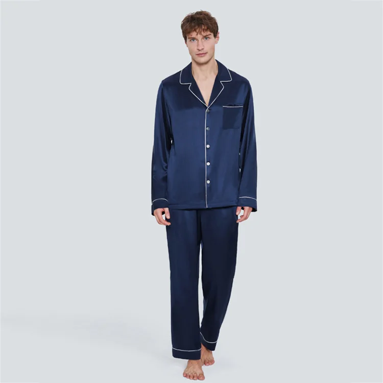 custom embroidery mens satin pure silk sleepwear 2 pieces luxury long sleeves 100% mulberry silk pajama set men