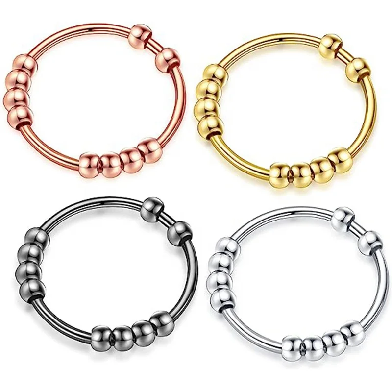 Anti-anxiety Bead Ring Women Rotating Beaded Rings Titanium Steel Anti-stress Anxiety Fidget Ring