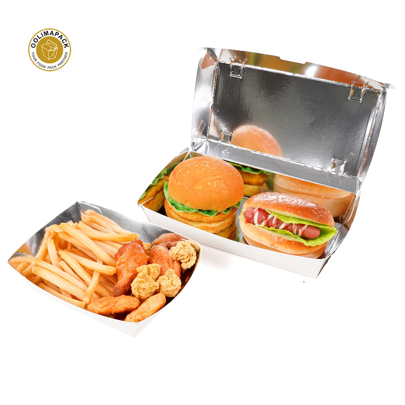OOLIMAPACK Eco Friendly Aluminum Paper Food Tray / Aluminum Paper Burger Box Waterproof,Oil Proof And Thermal Insulation