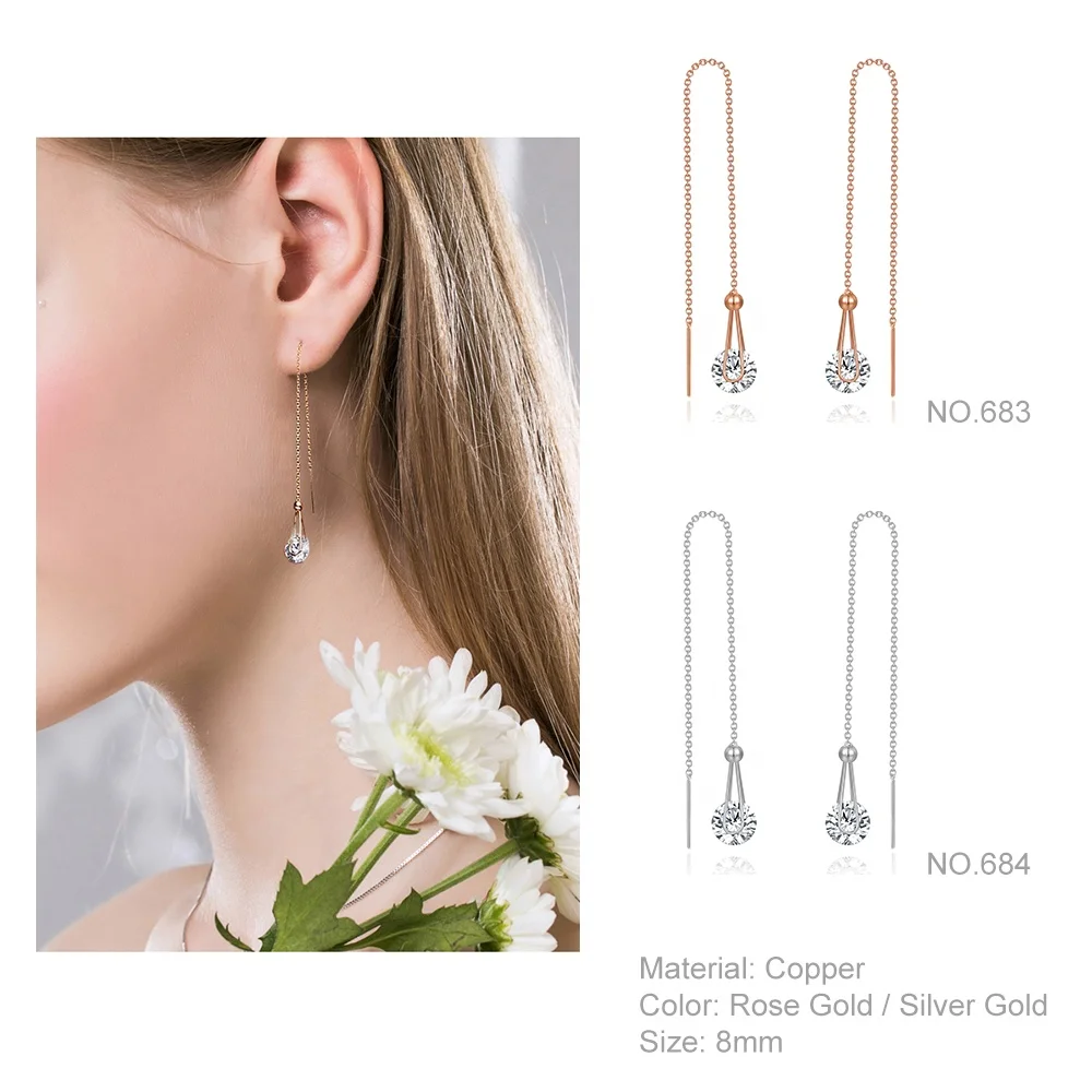 Hot-sale Aretes Largos Trendy Fashion Womens Ladies Jewelry 8mm Round Zircon Drop Long Earring E683-M
