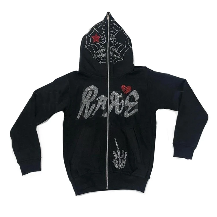 New Y2K Spider Web Bone Heartbreak rhinestone loose full zip up cardigan rhinestone hoodie unisex