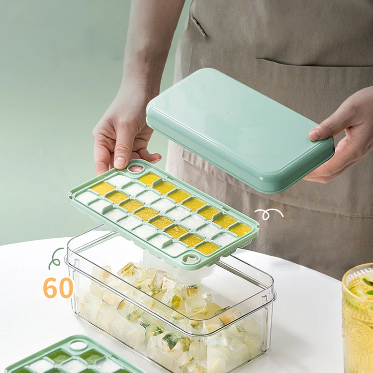 Easy Release Spill-Resistant Silicone Ice Cube Pop Out Tray Ice Cube Tray with Lid and Bin for Freezer