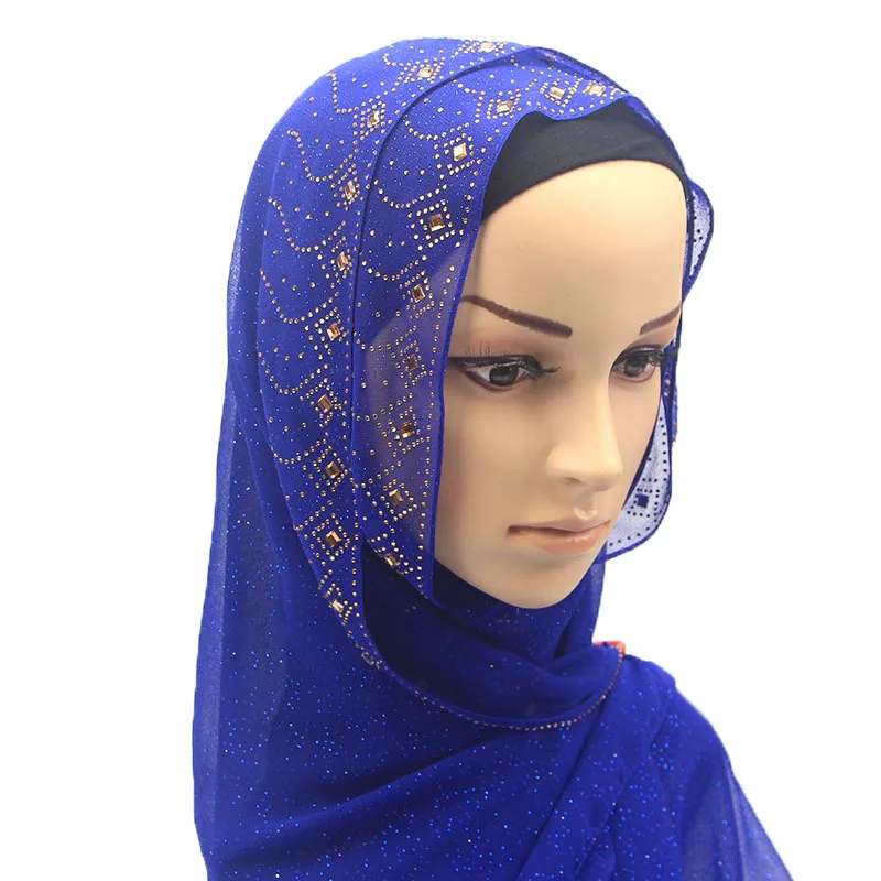 Wholesale turban pearl chiffon gold and hot diamond long scarf women gauze hijab