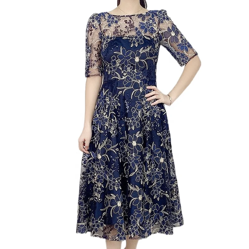 ND175 custom odm oem All-over floral embroidered sequin short sleeves flared midi evening dress factory for women