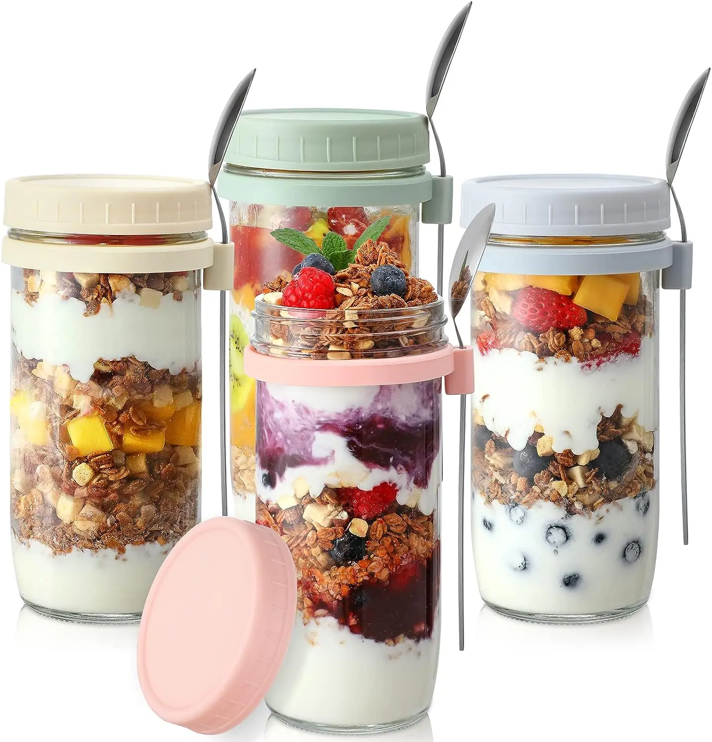 4 Pack Overnight Oats Containers with Lids and Spoons 24 oz Glass Mason Jars for Overnight Oats