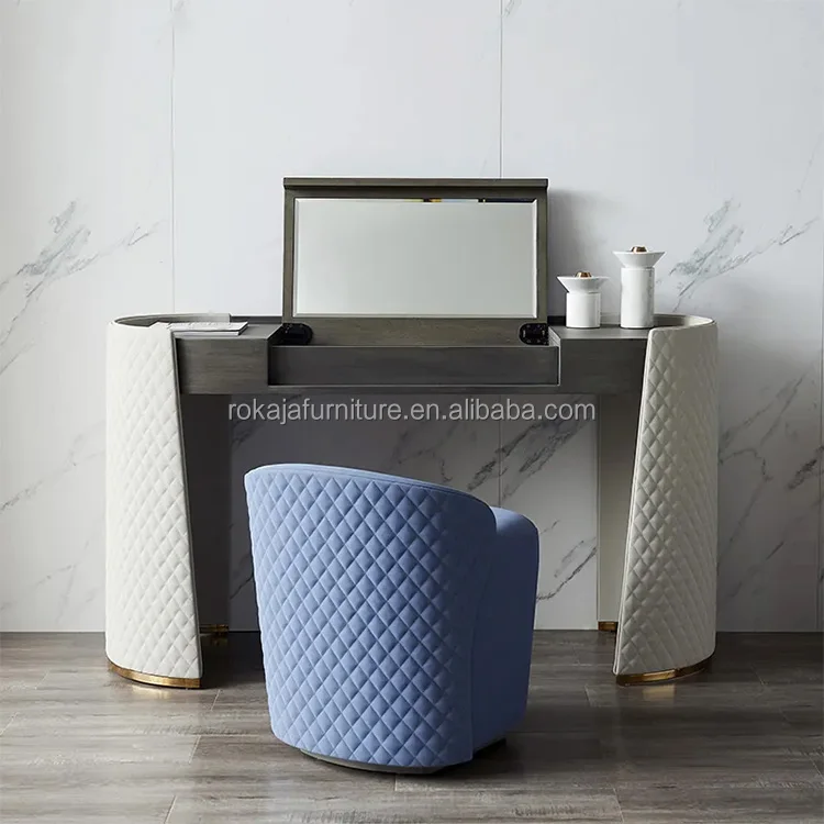 Elegant Bedroom Furniture Dresser Set Flip Top Design Top Makeup Table With Mirror Modern Luxury Vanity with Chair