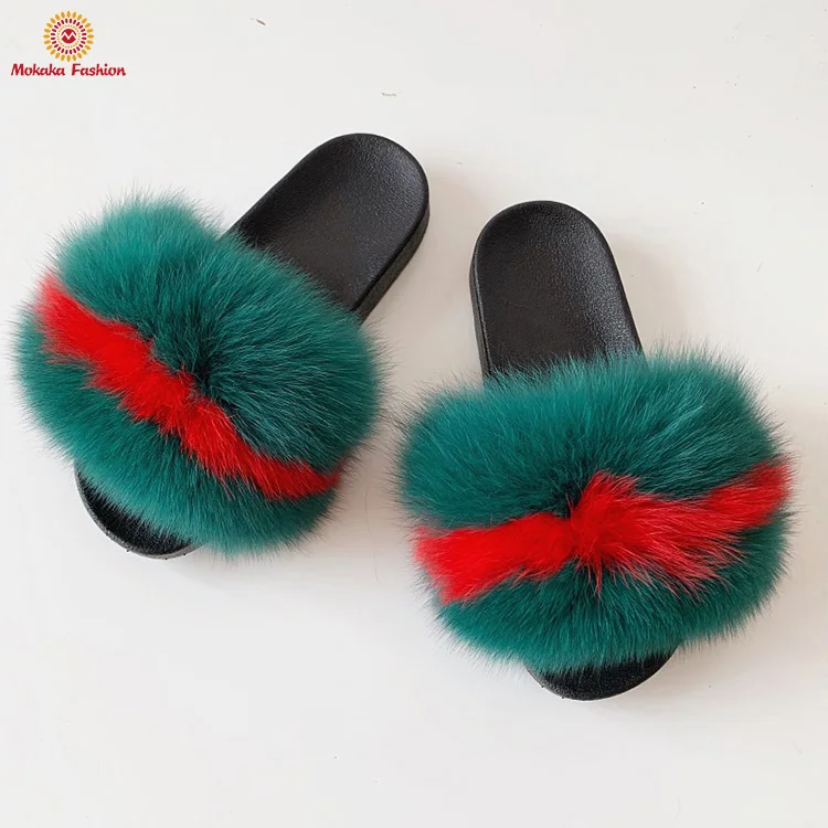 
Wholesale fashion custom color fluffy fur slides womens slippers women fox 