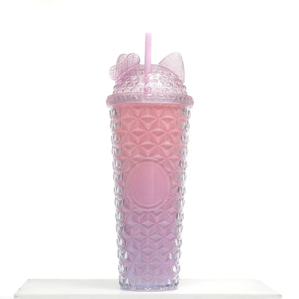 Botu Custom Logo 24oz Plastic Straw Cups Hello Kt Head Gradient Color Durian Water Cup Tableware Reusable Drink Cups With Lid