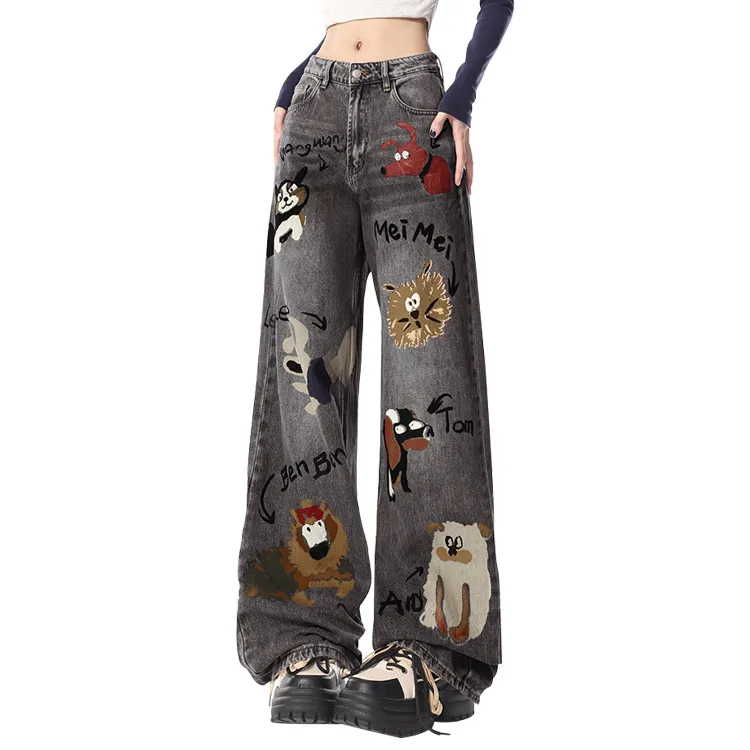 New Fashion Jeans Women Trendy Print Straight Leg Design Print Jeans Women High Waist Jean