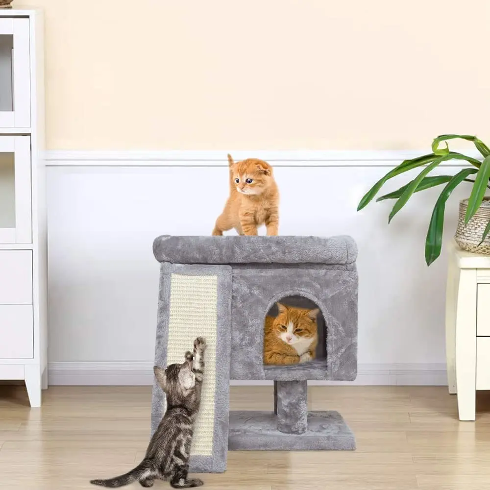 Small Cat Tree for Indoor Cats, Modern Cat Activity Tower with Plush Perch Kittens Condo with Scratching Post and Board, Cat Ca