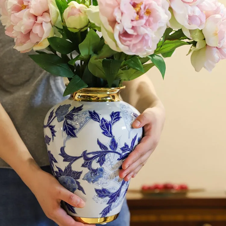 New Chinese Hand-painted Blue and White Porcelain Vase Ceramic Decorative Ornaments Living Room TV Cabinet Hallway Flower Arrang