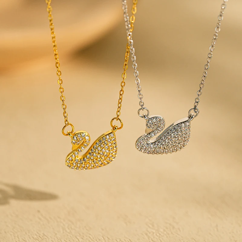 New Stainless Steel 18K Gold Necklace Elegant Temperament White Swan Fine Jewelry Sets Light Luxury Zircon Necklaces for Women