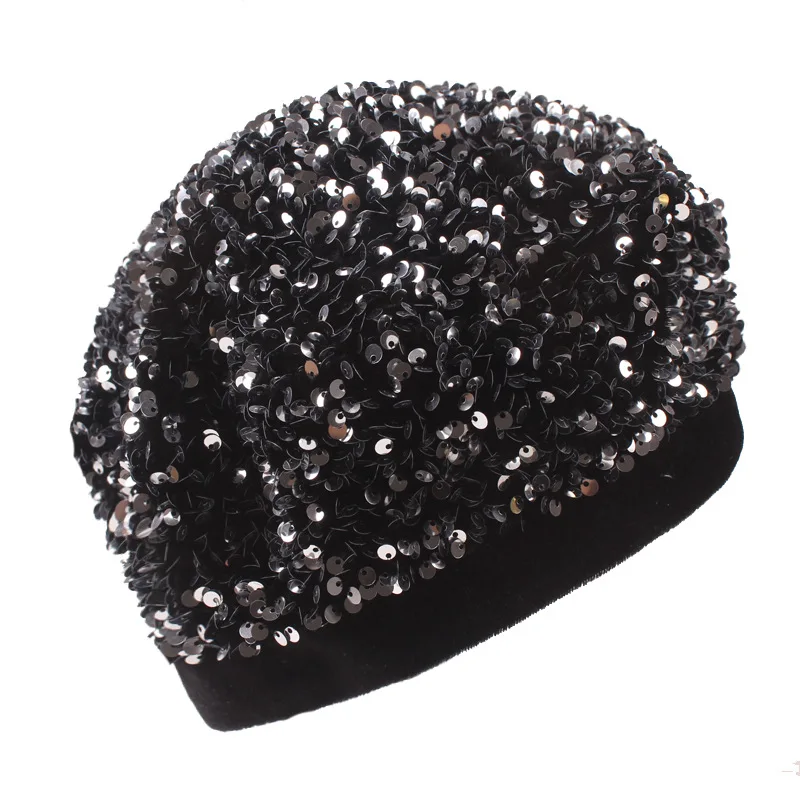 Club Party Night Wear Bling Bling Knitted Hat Female Winter Beret Sequin Hat  for Lady