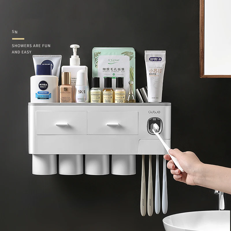 2021 Bathroom storage rack plastic toothbrush holder with automatic toothpaste dispenser