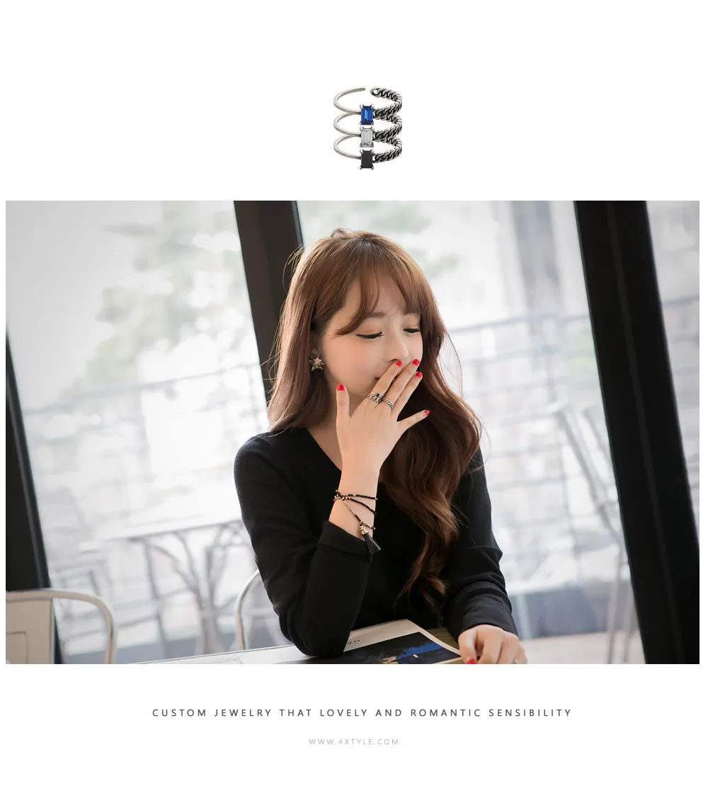 925 sterling silver open ring square black agate retro versatile Korean sterling silver ornaments versatile single products