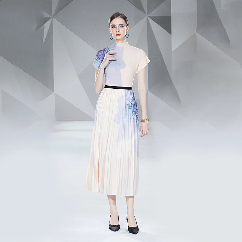 Clothing Customization New Fashion Printing Temperament 100 Pleated Waist Fold Dress Chinese Manufacturer