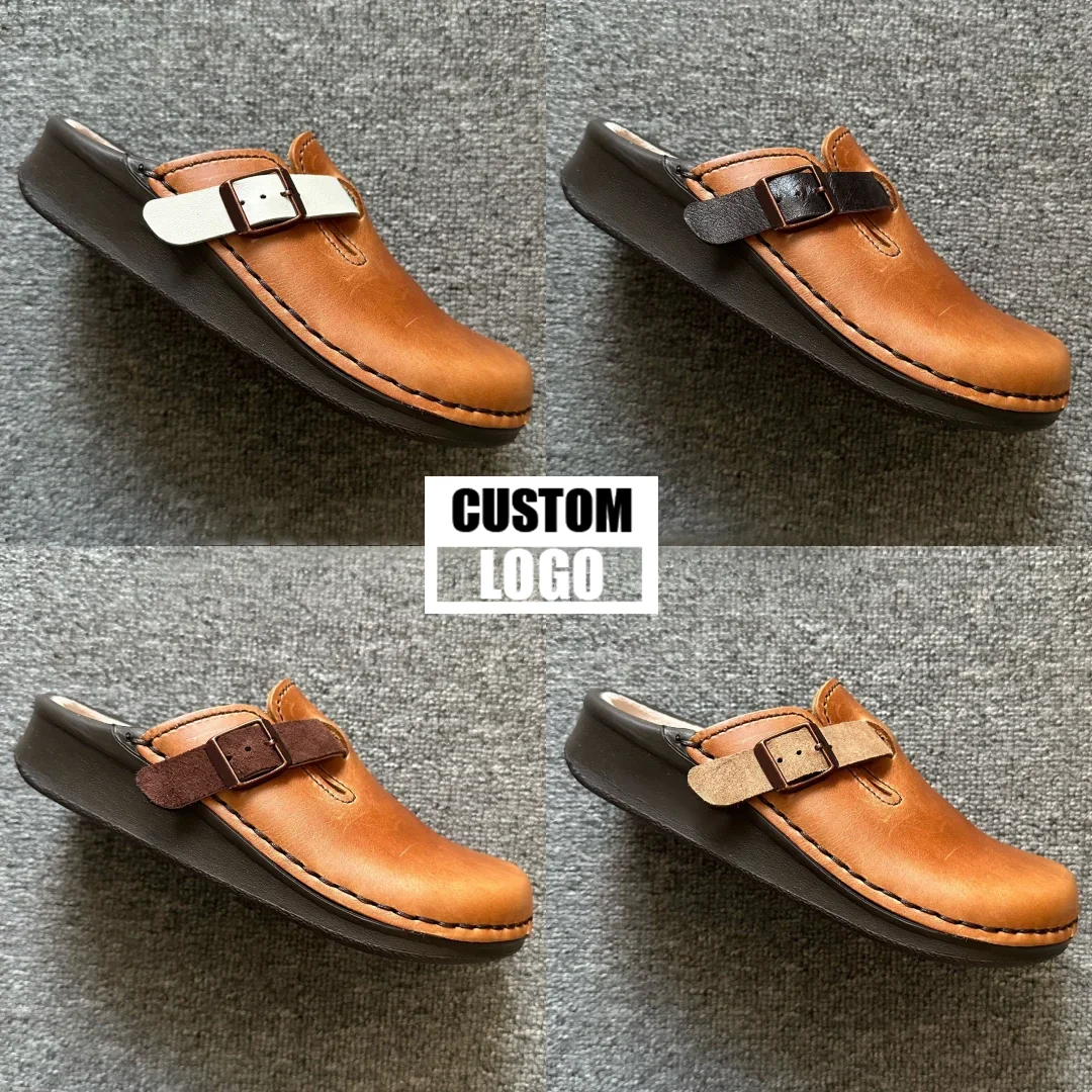 Logo Custom Support New Women Casual Genuine Leather Mules Unisex Clogs Cork Slippers