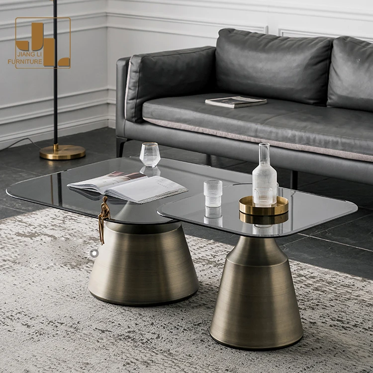 Nordic style hotel living room bronze coffee table furniture metal frame glass top coffee table set