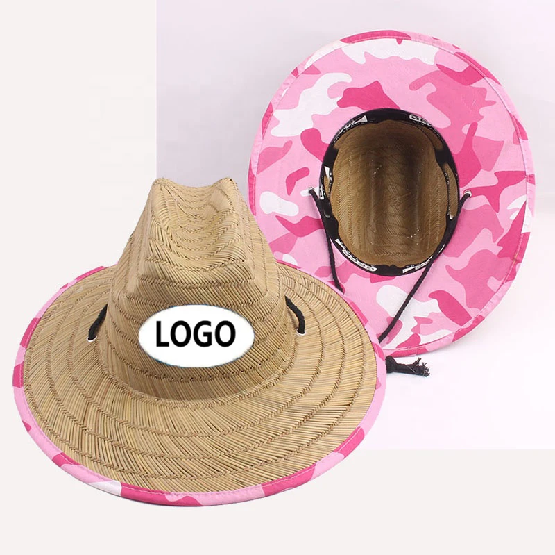 Custom sombrero summer wide brim hand made natural straw lifeguard hat with printed under brim Fabric beach hats