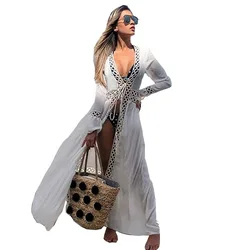 2022 Summer Crochet White Knitted Beach Cover up dress Tunic Long Pareos Bikinis Cover ups Swim Cover up Robe Plage Beachwear
